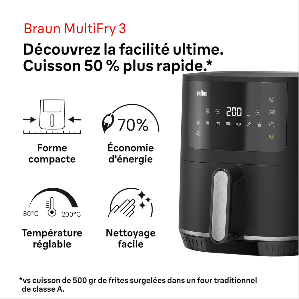 Braun MultiFry 3 HF3030IBK – Friteuse à Air 4,3L 1500W Noir Mat, Technologie RealAir, 8 Programmes, Contrôle Tactile