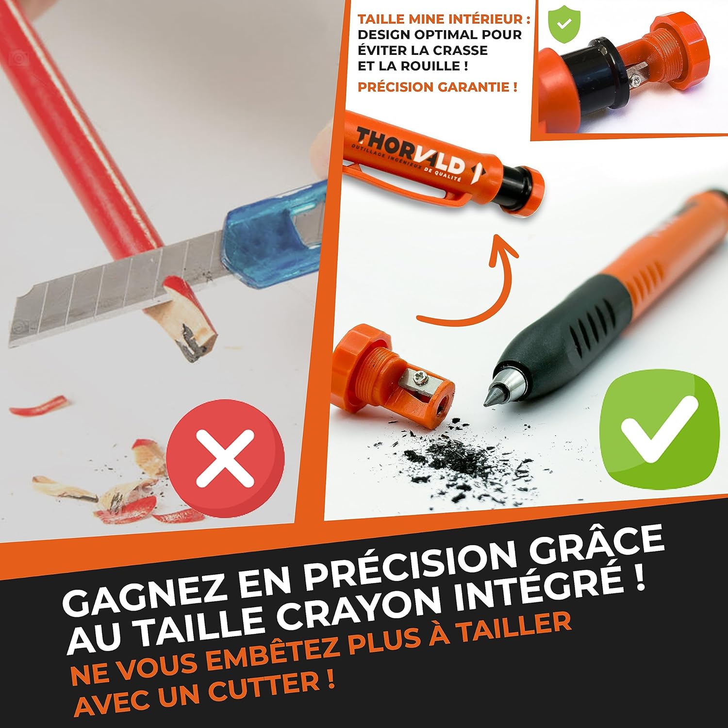 Crayon de Chantier PRO Extensible avec 38 Mines Multi-Supports + Taille-mine + Grip Easy-Write – Porte-mine Menuisier Bricolage pour Tracer Bois, Métal, Béton, Carrelage