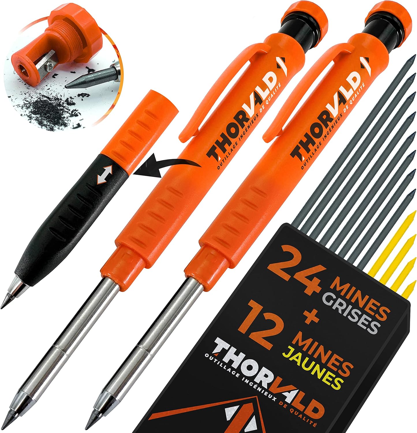 Crayon de Chantier PRO Extensible avec 38 Mines Multi-Supports + Taille-mine + Grip Easy-Write – Porte-mine Menuisier Bricolage pour Tracer Bois, Métal, Béton, Carrelage