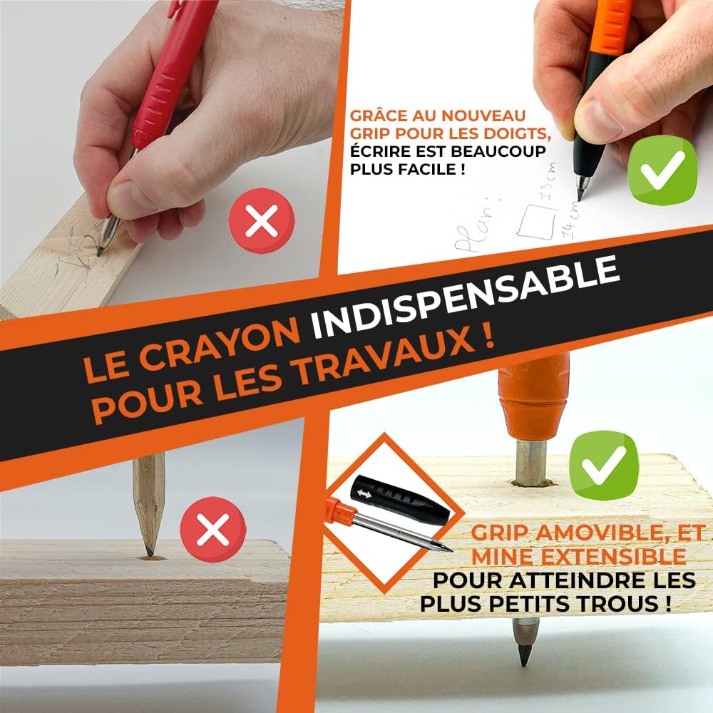 Crayon de Chantier PRO Extensible avec 38 Mines Multi-Supports + Taille-mine + Grip Easy-Write – Porte-mine Menuisier Bricolage pour Tracer Bois, Métal, Béton, Carrelage