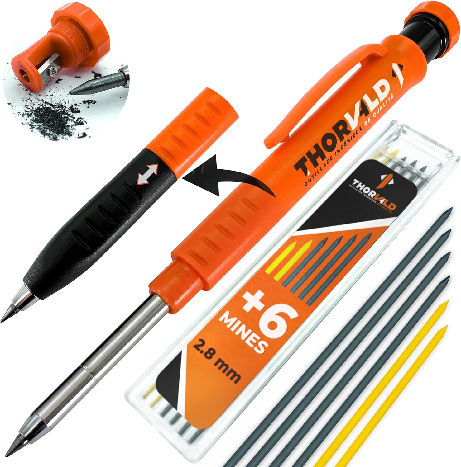Crayon de Chantier PRO Extensible avec 38 Mines Multi-Supports + Taille-mine + Grip Easy-Write – Porte-mine Menuisier Bricolage pour Tracer Bois, Métal, Béton, Carrelage