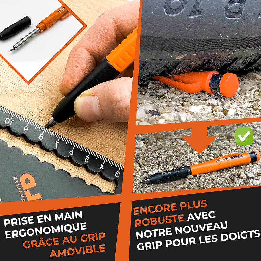 Crayon de Chantier PRO Extensible avec 38 Mines Multi-Supports + Taille-mine + Grip Easy-Write – Porte-mine Menuisier Bricolage pour Tracer Bois, Métal, Béton, Carrelage