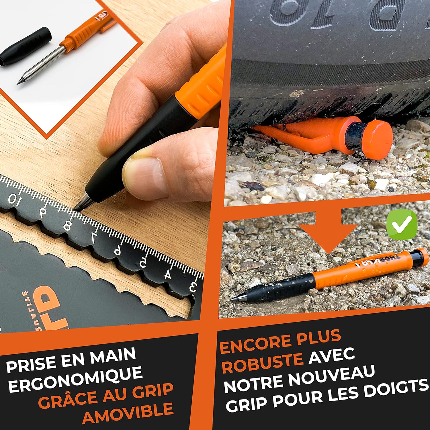 Crayon de Chantier PRO Extensible avec 38 Mines Multi-Supports + Taille-mine + Grip Easy-Write – Porte-mine Menuisier Bricolage pour Tracer Bois, Métal, Béton, Carrelage