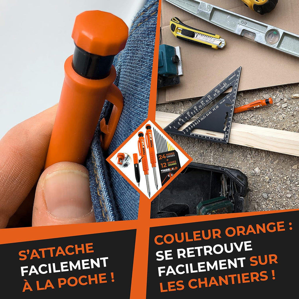 Crayon de Chantier PRO Extensible avec 38 Mines Multi-Supports + Taille-mine + Grip Easy-Write – Porte-mine Menuisier Bricolage pour Tracer Bois, Métal, Béton, Carrelage