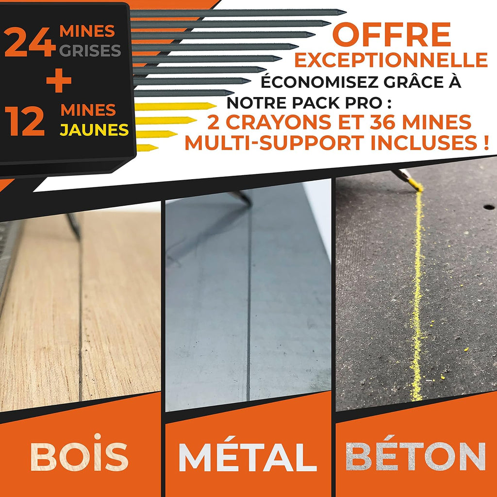 Crayon de Chantier PRO Extensible avec 38 Mines Multi-Supports + Taille-mine + Grip Easy-Write – Porte-mine Menuisier Bricolage pour Tracer Bois, Métal, Béton, Carrelage