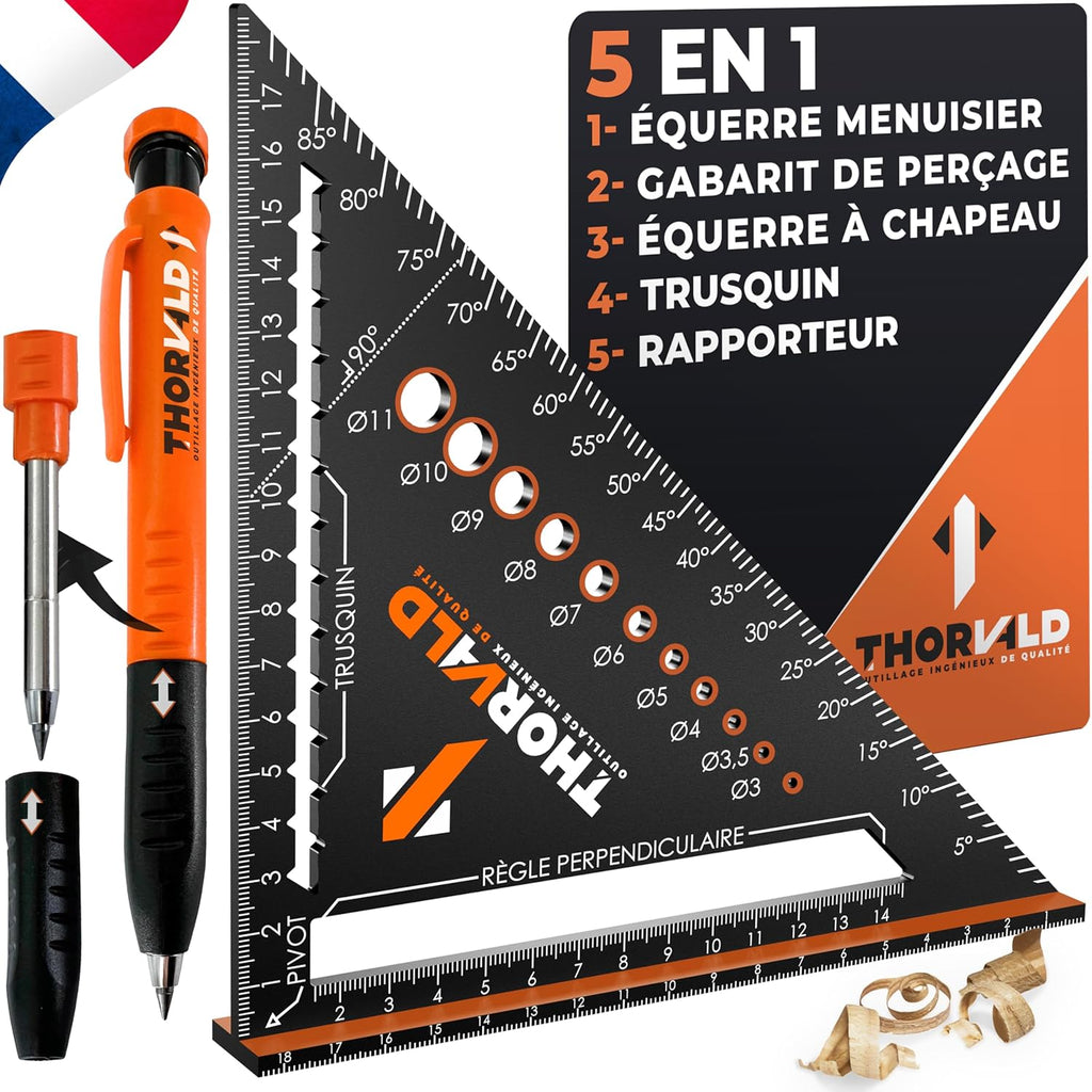 Équerre de menuisier multifonction 5-en-1 180 mm avec crayon de chantier – trusquin, rapporteur, gabarit de perçage, équerre à chapeau en aluminium