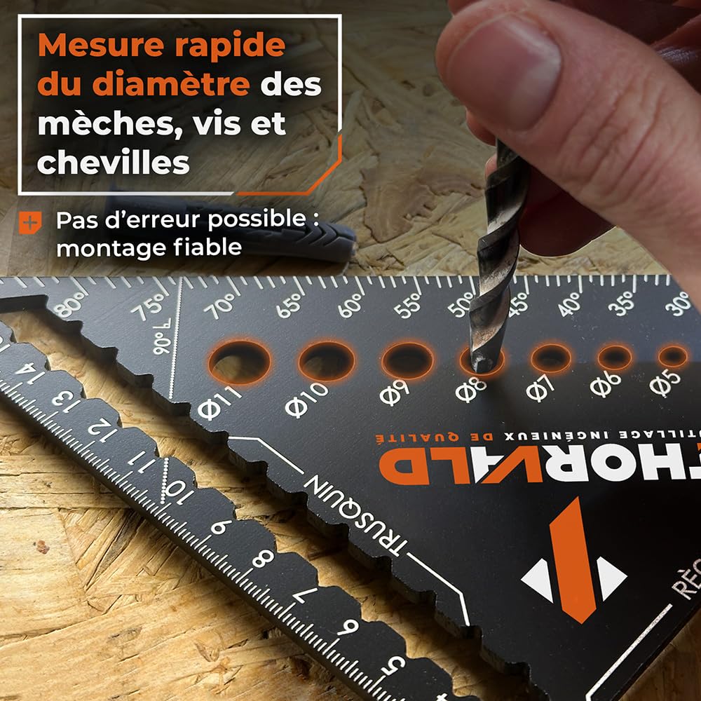 Équerre de menuisier multifonction 5-en-1 180 mm avec crayon de chantier – trusquin, rapporteur, gabarit de perçage, équerre à chapeau en aluminium
