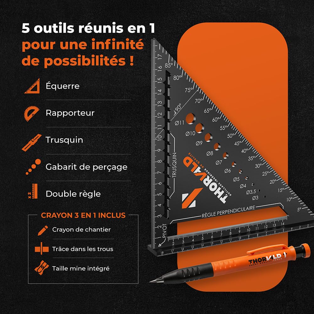 Équerre de menuisier multifonction 5-en-1 180 mm avec crayon de chantier – trusquin, rapporteur, gabarit de perçage, équerre à chapeau en aluminium