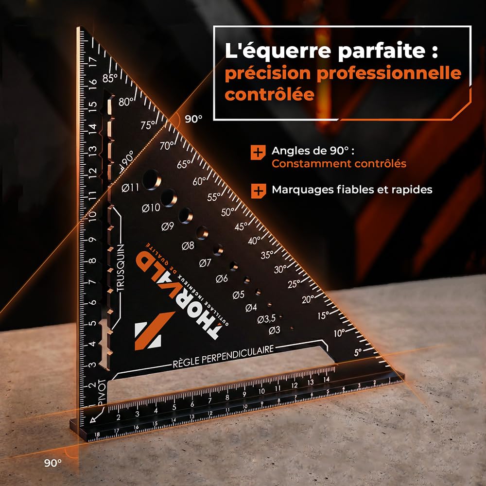 Équerre de menuisier multifonction 5-en-1 180 mm avec crayon de chantier – trusquin, rapporteur, gabarit de perçage, équerre à chapeau en aluminium