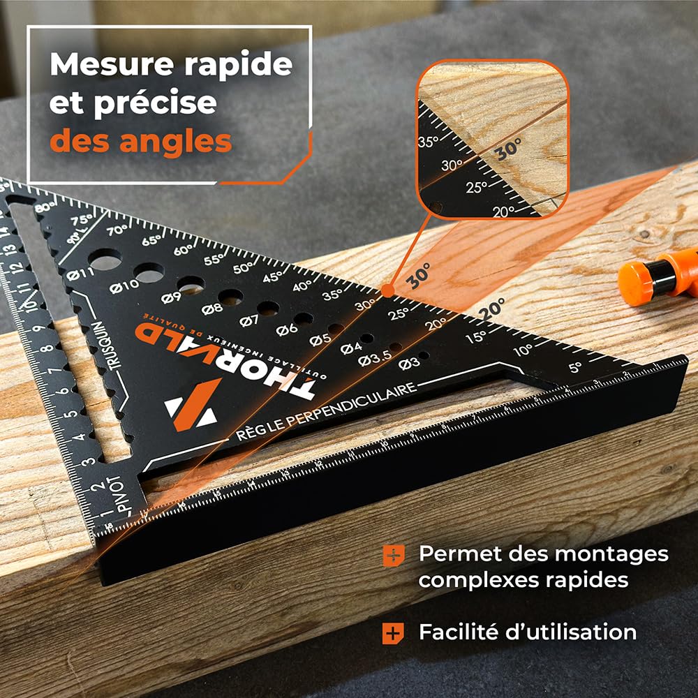Équerre de menuisier multifonction 5-en-1 180 mm avec crayon de chantier – trusquin, rapporteur, gabarit de perçage, équerre à chapeau en aluminium