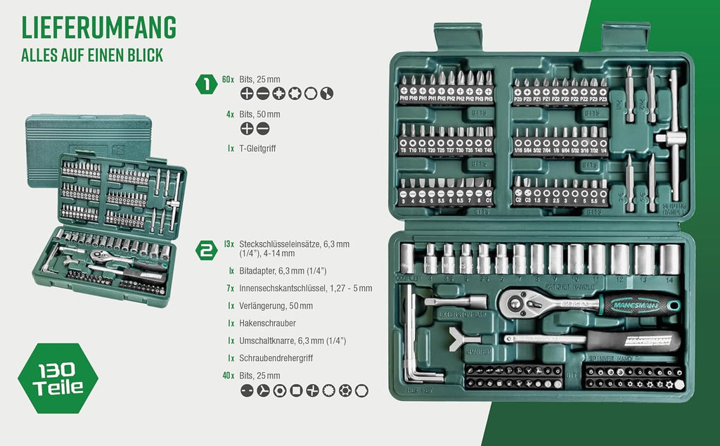 Coffret de Douilles et Embouts 130 Pièces - Kit Complet Clé à Cliquet 1/4" et 1/2" pour Bricolage et Mécanique