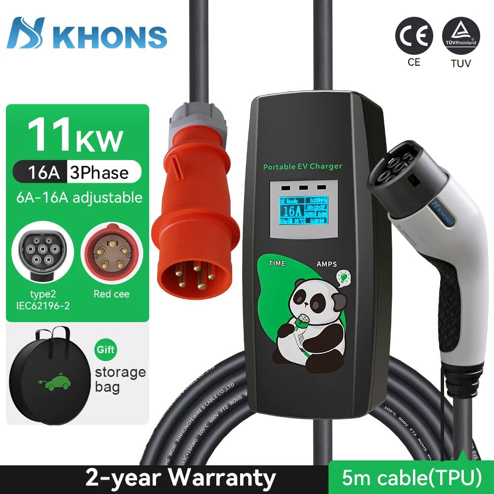 Chargeur EV Portable 11 kW 16A Type 2 – Boîte de Charge Triphasée avec Câble 5m pour Voiture Électrique, avec ou sans adaptateur