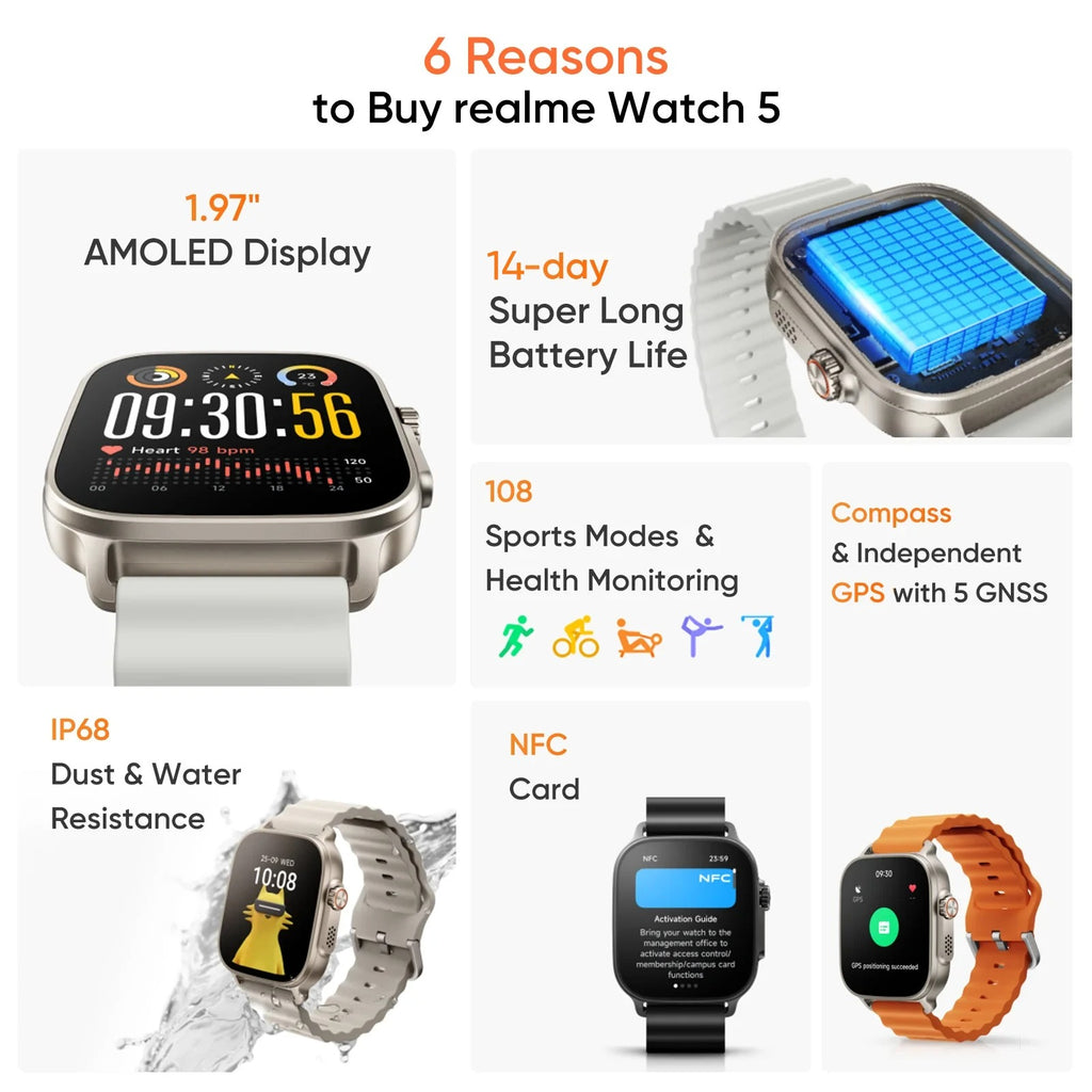 Montre Connectée realme Watch 5 GPS Indépendant AMOLED 1.97" 14 Jours Batterie