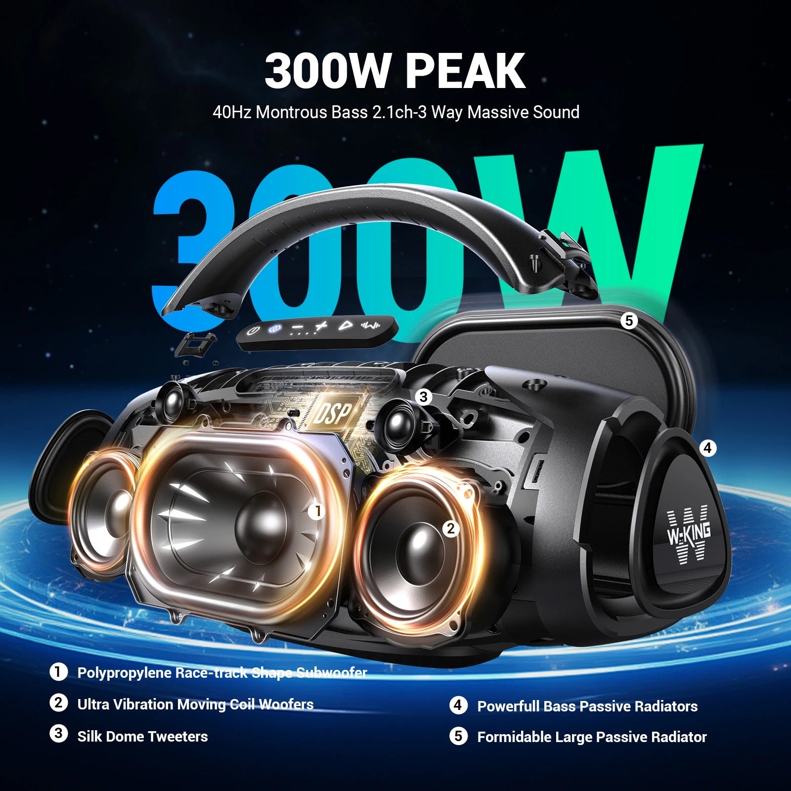 Haut-Parleur Bluetooth W-KING X20 200W RMS IPX7 Waterproof – 300W Peak Puissant pour Camping & Plage