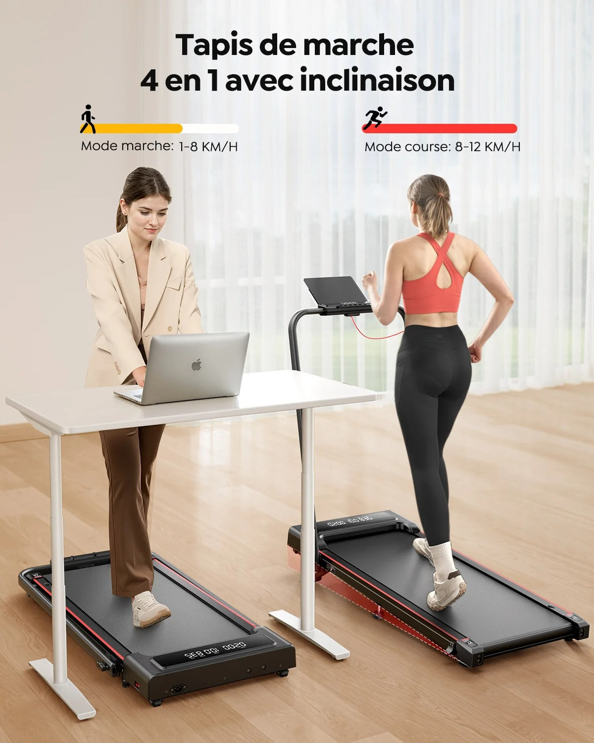 Tapis de Course Électrique Pliable 4 en 1 – Inclinaison 9%, 2.5 HP, 12 km/h – Compact et Portable, Double Écran LED, Télécommande, Utilisation Bureau et Domicile