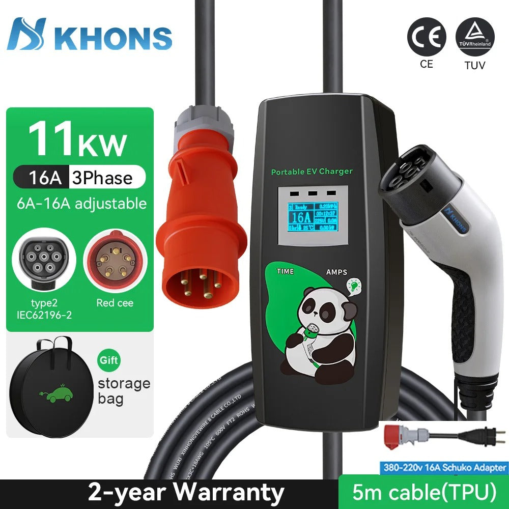 Chargeur EV Portable 11 kW 16A Type 2 – Boîte de Charge Triphasée avec Câble 5m pour Voiture Électrique, avec ou sans adaptateur